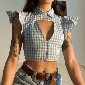 Crop cutout gingham button up top
